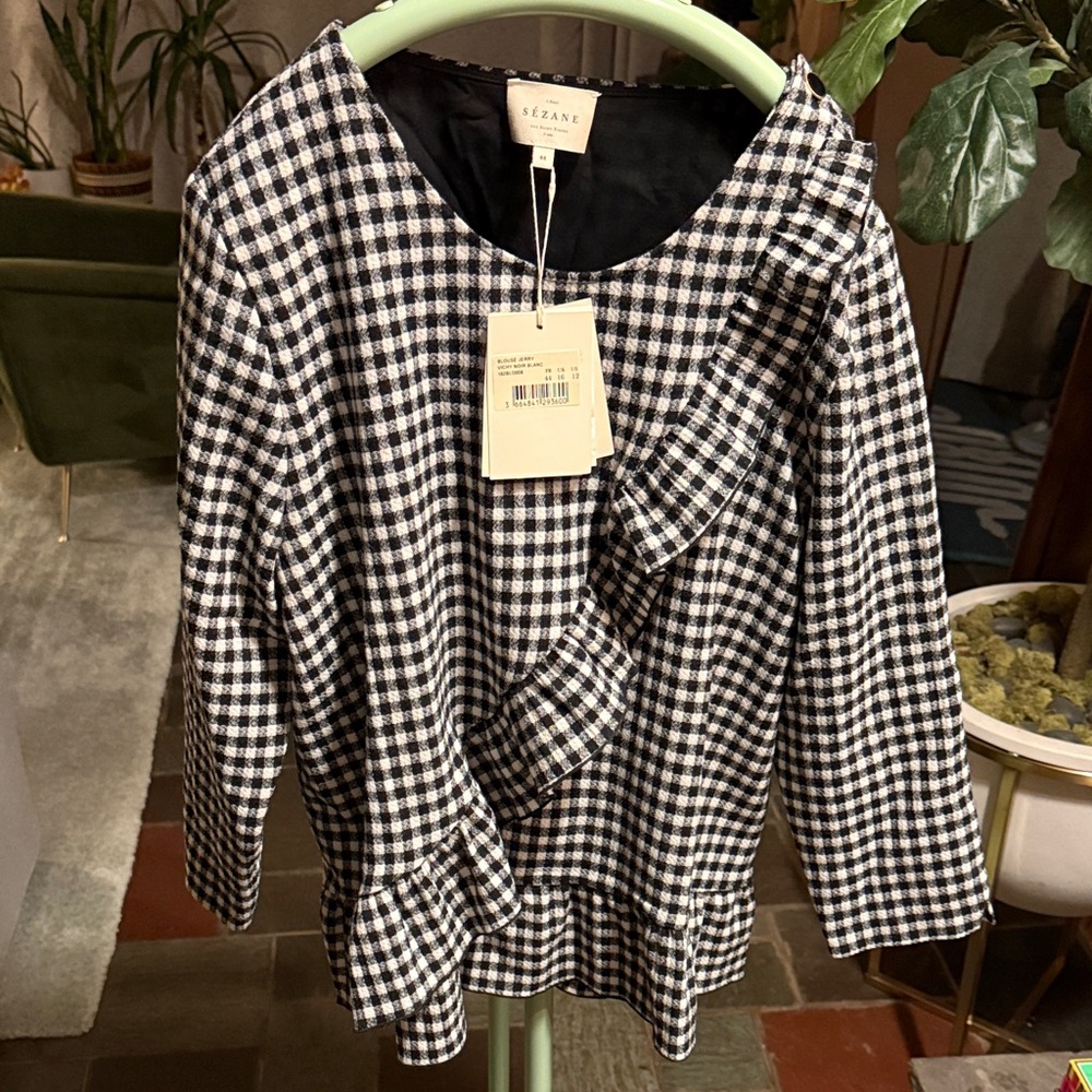Sézane Black and White Checkered Blouse